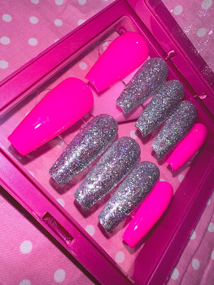 Hot Pink and Silver Elegant nails