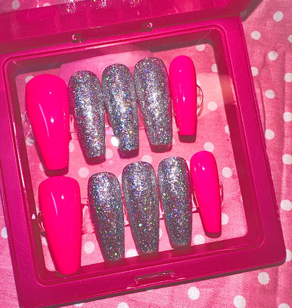 Hot Pink and Silver Elegant nails